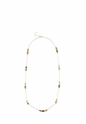 Gold chain necklace with mixed-shaped beads in grey, brown, and cream. Features oval and teardrop stones, alternating with gold accents.