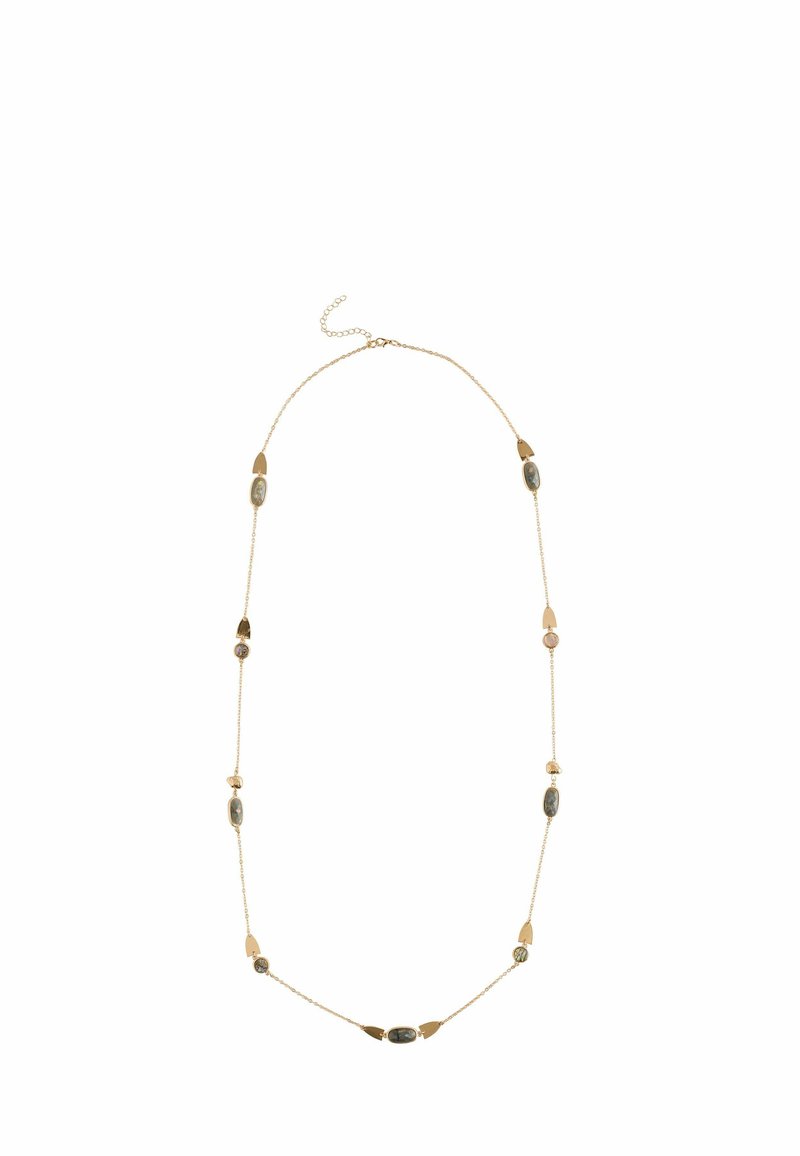 Gold chain necklace with mixed-shaped beads in grey, brown, and cream. Features oval and teardrop stones, alternating with gold accents.