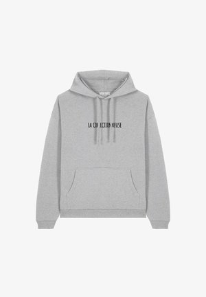 Felpa grigia con cappuccio e lacci, tasca frontale e testo nero "LA COLEC. TION NEUSE" sul petto. Tessuto morbido e polsini a costine.