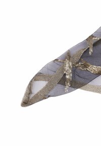 Tessuto trasparente nero con accenti di paillettes dorate; design a rete delicata con fili metallici intrecciati; texture morbida e leggera; punta appuntita.