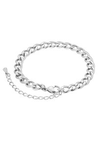 Bracelet en chaîne en argent avec des maillons entrelacés, doté d'un fermoir et d'une chaîne ajustable pour varier la taille. Fini en métal lisse et brillant.