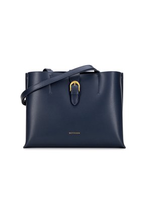 Sac à main en cuir bleu marine avec un design structuré, accent de boucle en or et bandoulière réglable. Présente un logo de marque discret à l'avant.