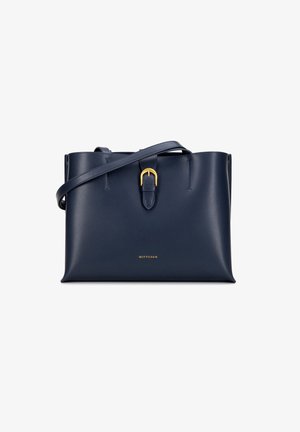 Navyblaues Lederhandtasche mit strukturiertem Design, goldfarbener Schnallenakzent und verstellbarem Schultergurt. Verfügt über ein dezentes Markenlogo auf der Vorderseite.
