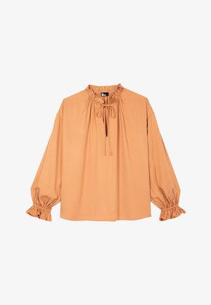 Pfirsichfarbene Bluse mit langen Ärmeln, Rüschen am Kragen und an den Manschetten, vorn mit Bindeband am Ausschnitt, lockerer Schnitt und geraffte Stoffdetails.