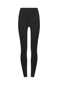 Sorte leggings lavet af strækbart stof, med en høj talje og en tætsiddende silhuet, glat tekstur, uden synlige mønstre eller accenter.