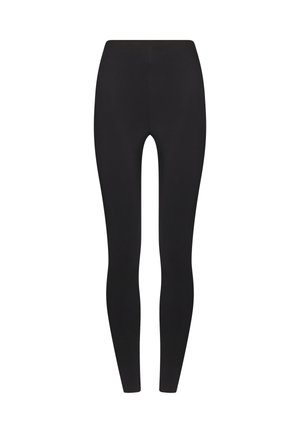 Schwarze Leggings aus dehnbarem Stoff, mit einem hohen Bund und einer figurbetonten Silhouette, glatter Textur, ohne sichtbare Muster oder Akzente.