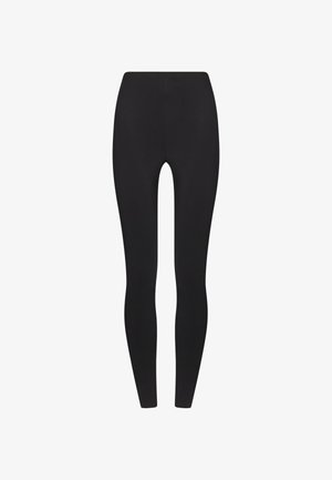 Sorte leggings lavet af strækbart stof, med en høj talje og en tætsiddende silhuet, glat tekstur, uden synlige mønstre eller accenter.