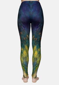 Leggings met een levendig abstract patroon in tinten van paars, groen en geel. Gemaakt van een rekbaar materiaal voor comfort.