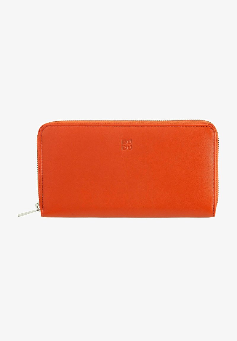 Orange leather wallet with a smooth texture, featuring a zip closure and embossed logo. Rectangular shape with neat stitching details.