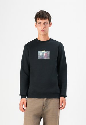 Zwarte crewneck sweatshirt van een katoenmix, met een geometrische grafische print aan de voorkant, effen kleur en geribde boorden en zoom.