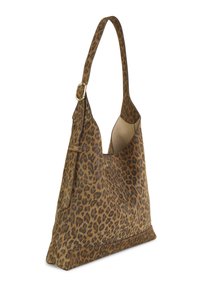 Sac à bandoulière imprimé léopard en daim doux, avec une large sangle, une forme décontractée et une ouverture incurvée pour un accès facile.