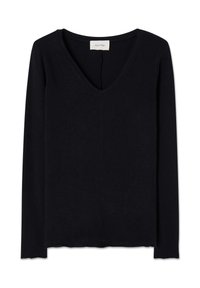 Črna majica z dolgimi rokavi in V-izrezom ter majhno belo etiketo znotraj ovratnika, položena ravno na belem ozadju.