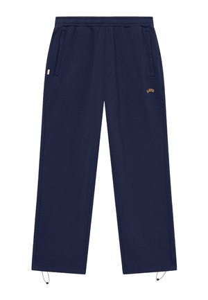 Pantaloni della tuta blu navy con vita elasticizzata, tasche laterali, piccolo logo giallo "ALXVS" e coulisse regolabili all'orlo delle gambe.