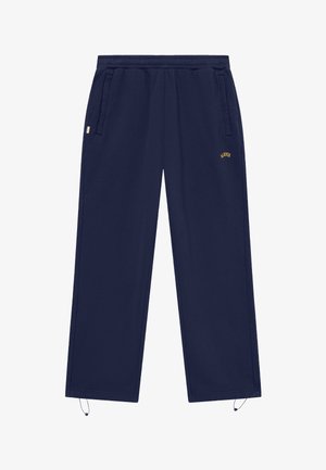 Granatowe spodnie dresowe z elastycznym pasem, bocznymi kieszeniami, małym żółtym logo "ALXVS" oraz regulowanymi sznurkami przy nogawkach.