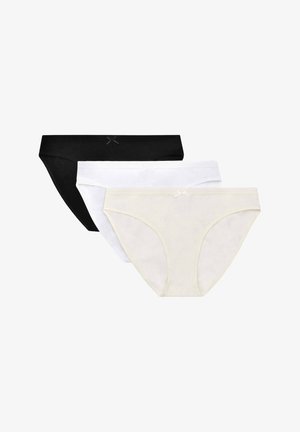 Trzy damskie majtki bikini w kolorach czarnym, białym i beżowym, każda z małą ozdobną kokardką w pasie.