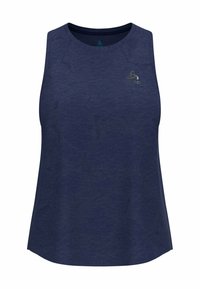 Navy blue sleeveless athletic tank top, lightweight fabric, smooth texture, rounded neckline, subtle branding on the chest.