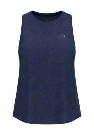 Marineblaues ärmelloses Sporttanktop aus leichtem Material, glatter Textur, runder Ausschnitt, dezente Markenkennzeichnung auf der Brust.