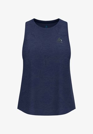 Marineblaues ärmelloses Sporttanktop aus leichtem Material, glatter Textur, runder Ausschnitt, dezente Markenkennzeichnung auf der Brust.