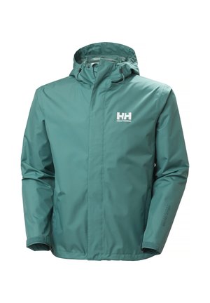 Türkisfarbene, wasserdichte Helly Hansen Kapuzenjacke mit vorne durchgehendem Reißverschluss, verstellbaren Bündchen und Logo auf Brust und Ärmel.