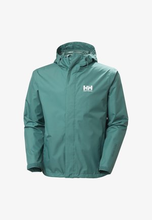 Chaqueta impermeable con capucha de Helly Hansen en color azul verdoso, con cremallera frontal, puños ajustables y logotipo en el pecho y la manga.