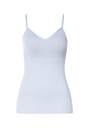 Vaaleansininen toppi, jossa ohuet säädettävät olkaimet, V-aukko ja sileästä kankaasta valmistettu istuva siluetti.