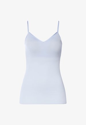 Lichtblauw hemdje met dunne verstelbare bandjes, V-hals ontwerp, gemaakt van gladde stof, met een aansluitend silhouet.