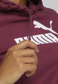 Bordeaux hættetrøje med snøre i hætten, prydet med en hvid "PUMA"-logo og en katte-silhuet. Blød stofstruktur og afslappet pasform.
