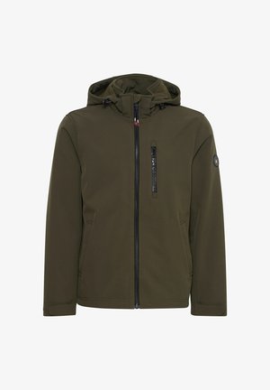 Oliivroheline pehme kestajakk, millel on esitöö, reguleeritav kapuuts, kaks küljetaskut ja logo märk vasakul varrukal. Sile kangas.