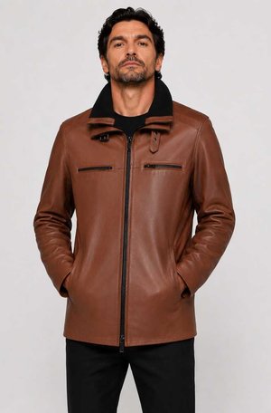 CYCAS D'OR, WITH REMOVABLE COLLAR 2 IN 1  - Chaqueta de cuero - cognac brown