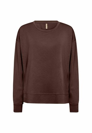 Bruine sweater met lange mouwen, een relaxed fit, ronde halslijn en ribgebreide manchetten. Gladde textuur met subtiele stikdetails.