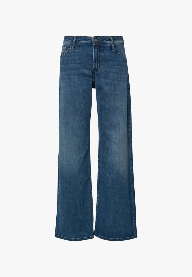 Blauwe wijdvallende spijkerbroek met voorzakken, riemlussen en knoopsluiting, getoond tegen een witte achtergrond.