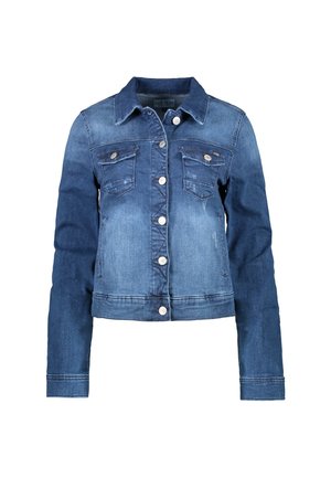 Denimjack met een lichte naar donkere blauwe gradient, knoopsluiting aan de voorkant, twee borstzakken en een klassieke kraag. Heeft lange mouwen en een cropped ontwerp.