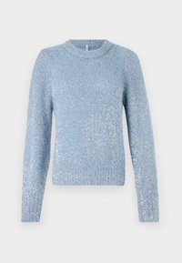 Light blue knitted sweater with a crew neck, long sleeves, and a slightly textured finish featuring subtle shimmer accents throughout.