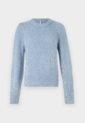 Light blue knitted sweater with a crew neck, long sleeves, and a slightly textured finish featuring subtle shimmer accents throughout.
