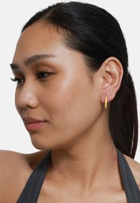 Goldene Creolen werden im linken Ohr getragen und haben eine glatte, polierte Oberfläche. Das Model hat haarschnitt mittellange, dunkle Haare und einen neutralen Hintergrund.