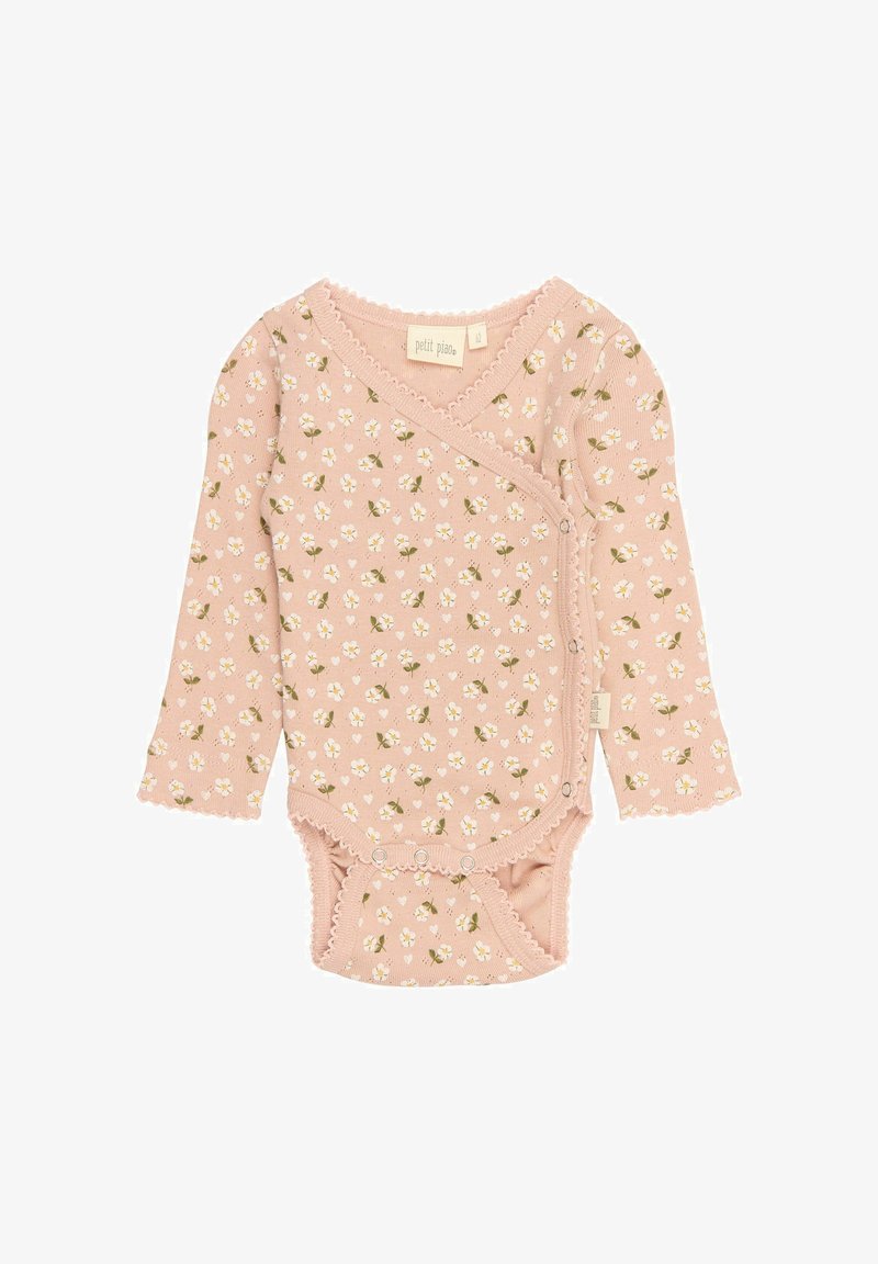 Hosszú ujjú baba body puha rózsaszínben, fehér virágmintával. Rugalmas kialakítású, fodros szélekkel és patentos záródással az alján.