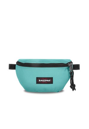 Turkusowa nerka Eastpak z czarnym zamkiem błyskawicznym i regulowanymi paskami, z logo Eastpak umieszczonym na środku przodu.