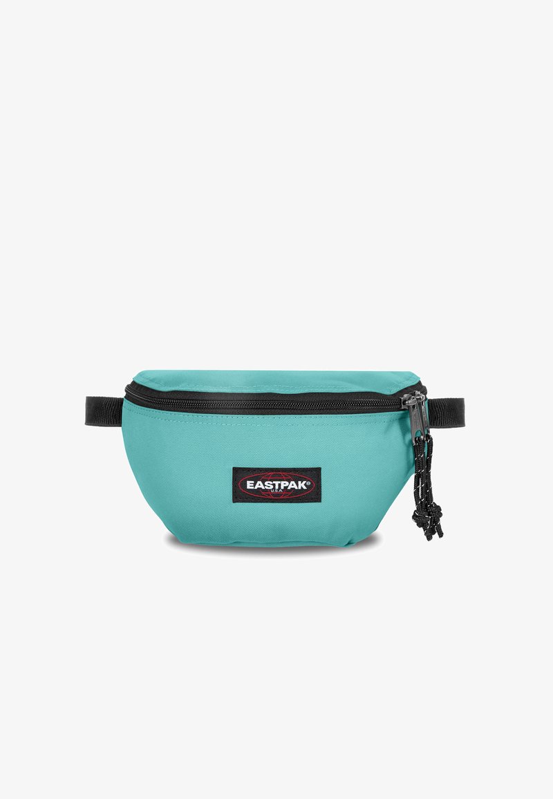 Tyrkysová ledvinka Eastpak s černým zipem a nastavitelnými popruhy, s logem Eastpak na předním středu.