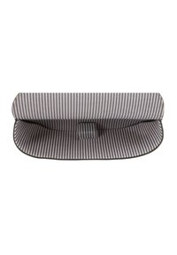 Striped fabric cushion in shades of gray and pink, featuring a rounded, soft design with a button at the center for secure closure.