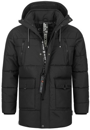 Padded black jacket with a hood, featuring zippered pockets, snap-button flaps, and drawstring accents. Smooth texture, practical design.