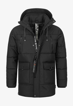 Padded black jacket with a hood, featuring zippered pockets, snap-button flaps, and drawstring accents. Smooth texture, practical design.