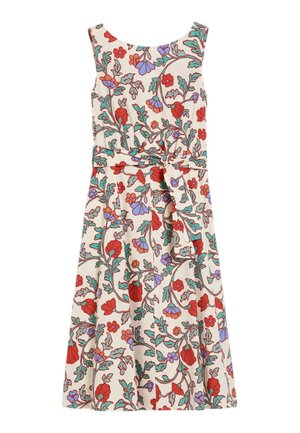 Vestito crema senza maniche con motivo floreale rosso, viola e arancione, cintura in vita e gonna svasata.