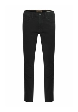 Black jeans made of denim, featuring a slim fit, five-pocket design, and a button closure. Smooth texture with minimal stitching detail.