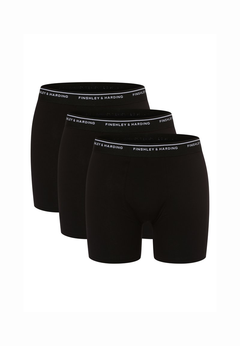 Pack de trois boxers noirs, fabriqués en tissu lisse, dotés d'une ceinture élastique avec le logo "FINSHLEY & HARDING".