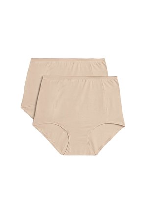 Beige high-waisted ondergoed van zachte stof, met een gladde textuur, elastische tailleband en geen zichtbare patronen of hardwaren.
