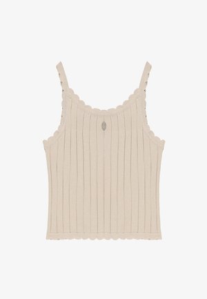 Top a coste beige in maglia con bordi smerlati sulle spalline, sullo scollo e sull'orlo, con un piccolo ritaglio a forma di goccia sotto lo scollo.