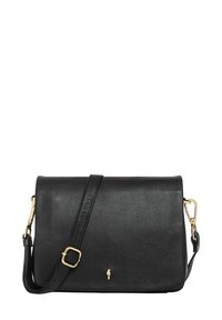 Czarna skórzana torba na ramię z teksturowanym wykończeniem, złotymi detalami, regulowanym paskiem i zapięciem na klapkę. Posiada mały detal z logo.