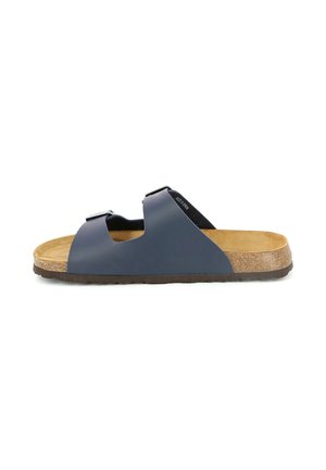 Sandalo blu navy con due cinturini e fibbie regolabili, plantare in sughero e suola in gomma nera, mostrato di lato su sfondo bianco.