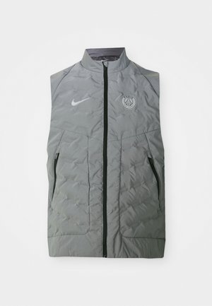 Gray Nike sleeveless vest with a front zipper, quilted texture, two side pockets, and a circular Paris logo on the left chest.