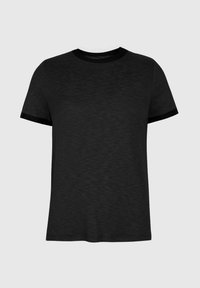 T-shirt noir à manches courtes en tissu texturé, col rond côtelé, et bord noir contrastant sur les manches. Ourlet droit.